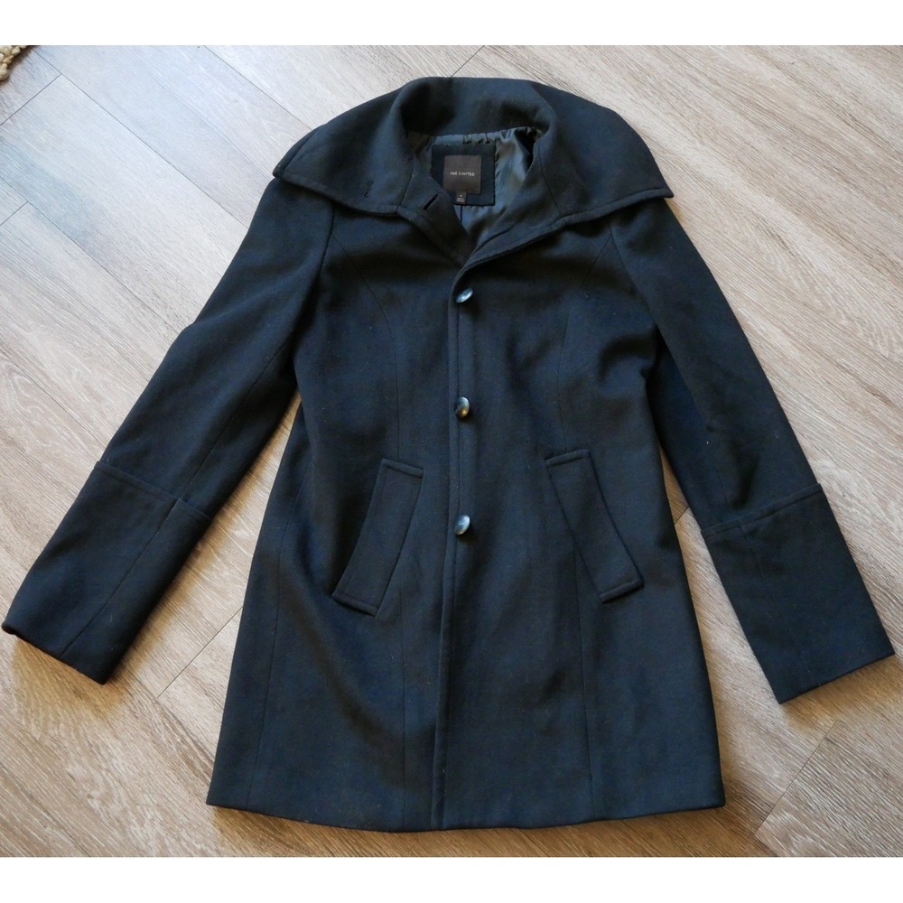 The Limited Womens Black Wool Blend Portrait Collar Pea‎ Coat Jacket Medium